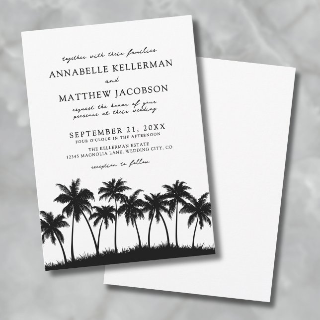 Invitation Mariage tropical moderne noir blanc palmier (Modern Black White Palm Tree Tropical Wedding Invitation)