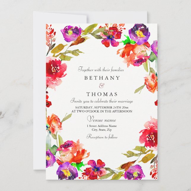 Invitation Mariage tropical rouge et violet floral Inviter (Devant)