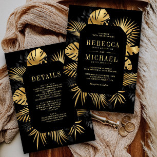 Invitation Mariage tropical tout-en-un noir et or