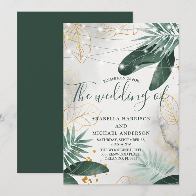Invitation Mariage Tropical Vert Et Or (Devant / Derrière)
