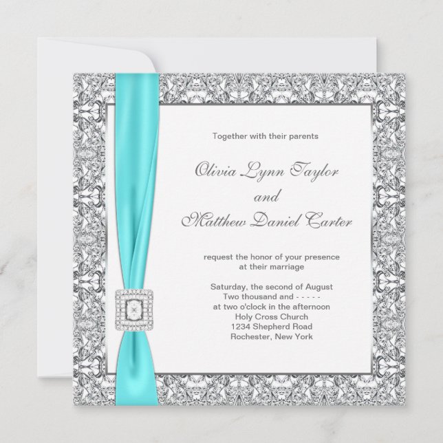Invitation Mariage turquoise bleu et argent (Devant)