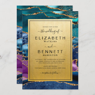 Invitation Mariage turquoise bleu violet or Agate