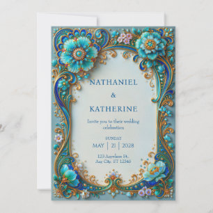 Invitation Mariage Turquoise Cobalt Filigrane