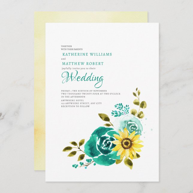 Invitation Mariage turquoise de tournesol jaune (Devant / Derrière)
