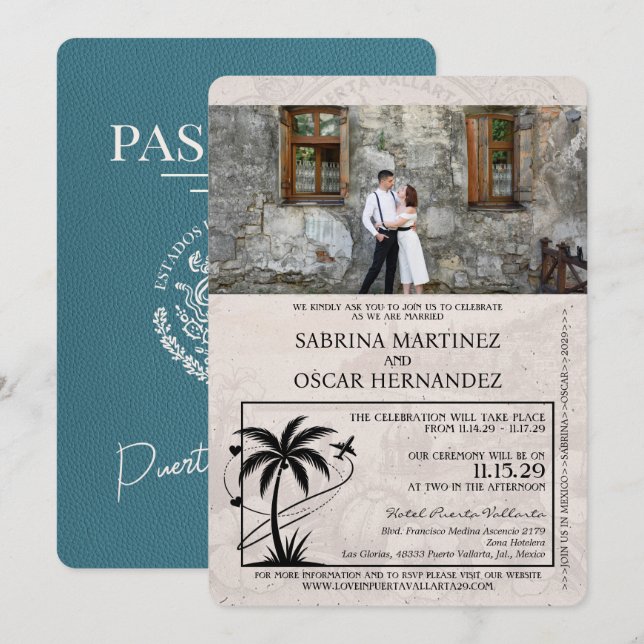 Invitation Mariage turquoise du passeport Puerta Vallarta (Devant / Derrière)