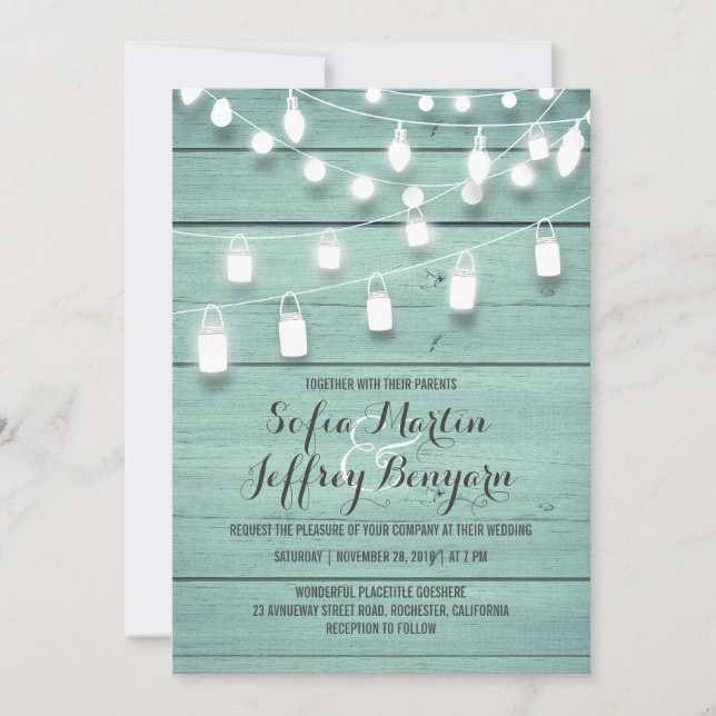 Invitation Mariage turquoise en bois de grange et lumière de  (Devant)