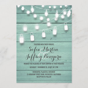 Invitation Mariage turquoise en bois de grange et lumière de 