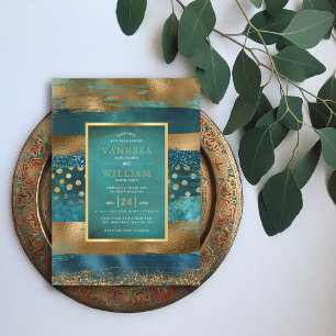 Invitation Mariage turquoise et bracelets or et confetti