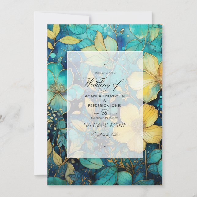 Invitation Mariage turquoise et or Floral (Devant)