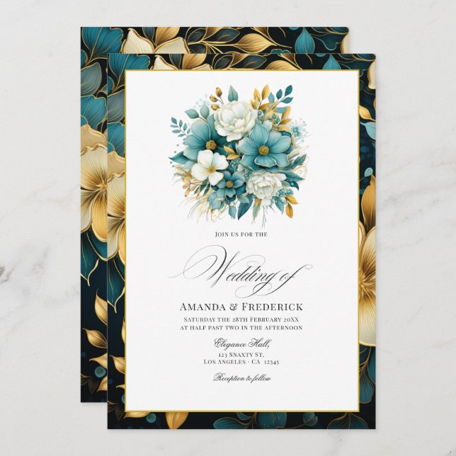 Invitation Mariage turquoise et or Floral (Devant / Derrière)