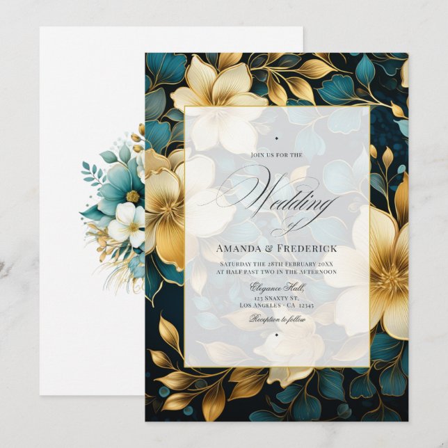 Invitation Mariage turquoise et or Floral (Devant / Derrière)