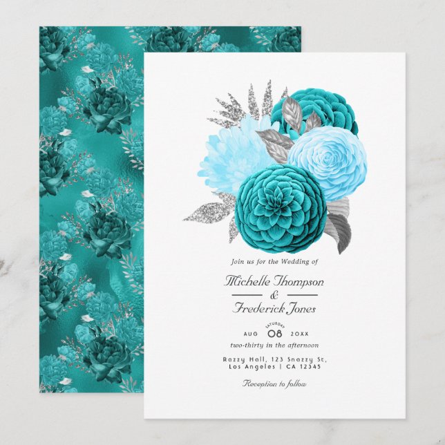 Invitation Mariage turquoise et Silver Floral (Devant / Derrière)