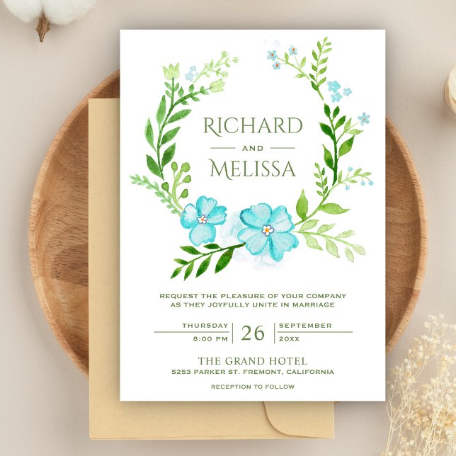 Invitation Mariage turquoise et vert de la couronne végétale (Créateur téléchargé)