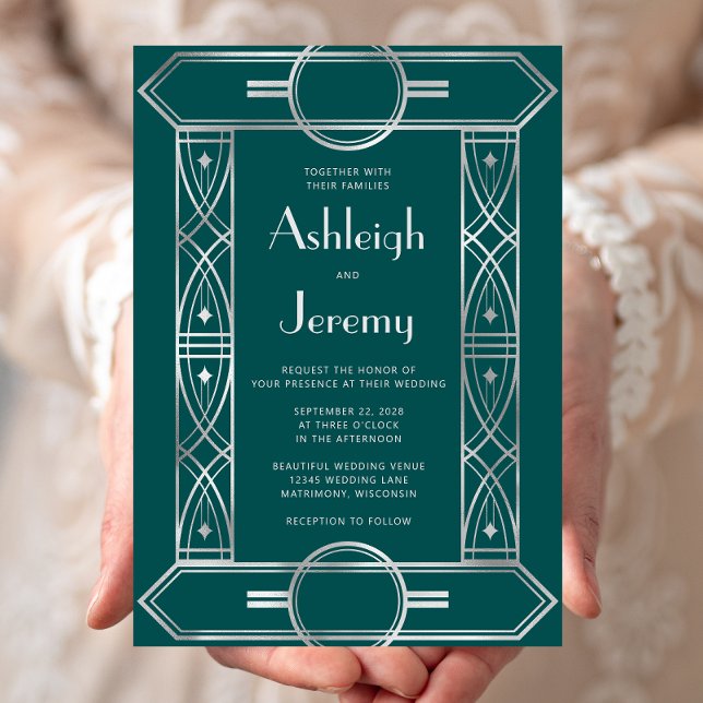 Invitation Mariage Turquoise Vintage déco argenté (Créateur téléchargé)