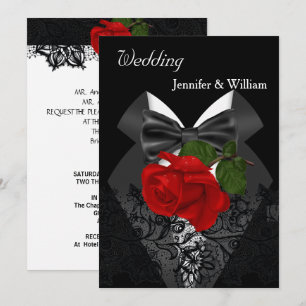 Invitation Mariage Tuxedo Noir Blanc Rose Rouge Profond 2