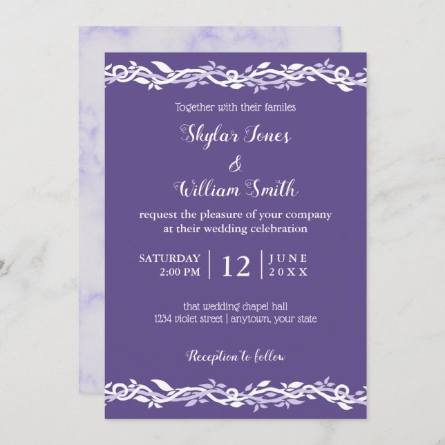 Invitation Mariage Ultra Violet Simple Violet Et Blanc (Devant / Derrière)