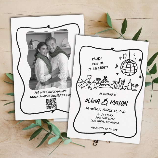 Invitation Mariage unique moderne et original (hand drawn wedding invitation doodle illustration squiggle wavy frame black white modern)