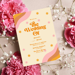 Invitation Mariage Vague Rose et Or Rétro Groovy