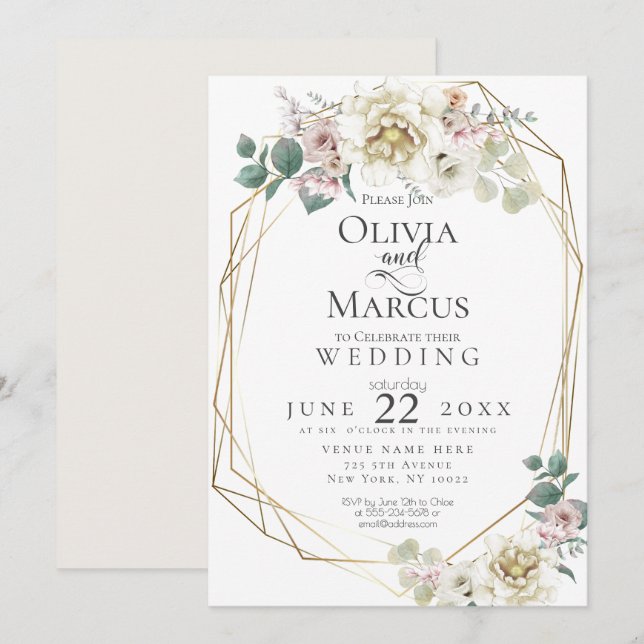 Invitation Mariage | Vanilla Aquarelle Peony Flowers (Devant / Derrière)