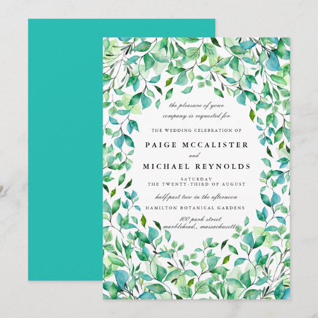 Invitation Mariage végétal bleu turquoise (Devant / Derrière)