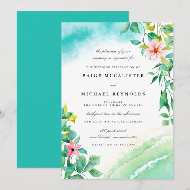 Invitation Mariage végétal bleu turquoise rose (Devant / Derrière)
