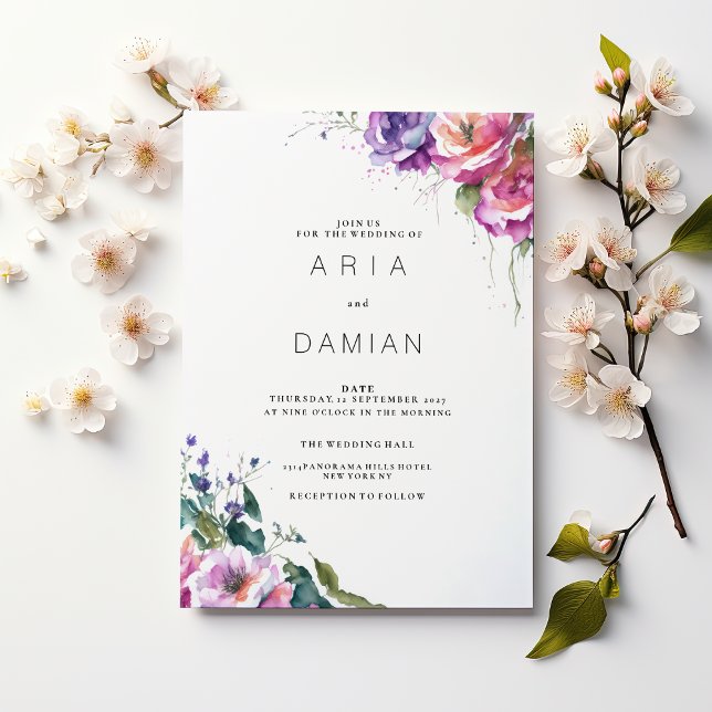 Invitation Mariage végétal rose violet corail vert vert (Botanical pink purple coral green floral Wedding )