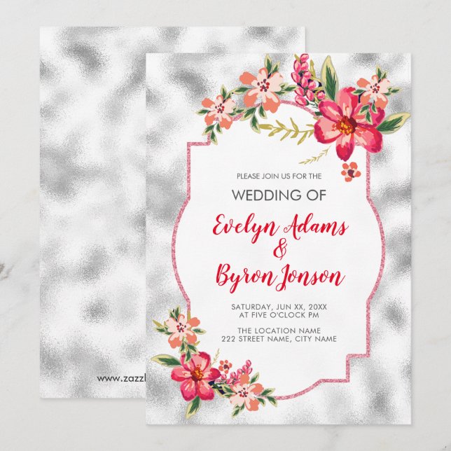 Invitation Mariage Verre Gris Clair Et Fleurs (Devant / Derrière)