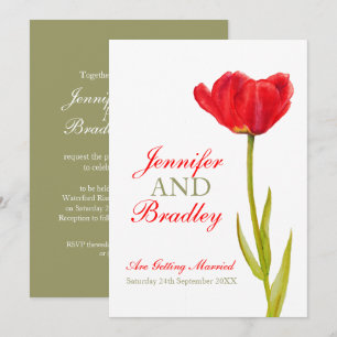 Invitation Mariage vert blanc à tulipe rouge simple