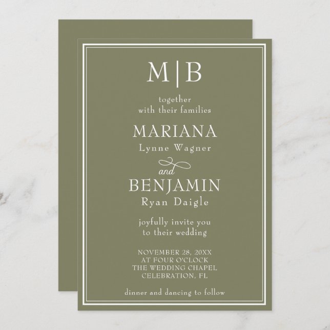 Invitation Mariage vert Boho minimaliste à la frontière moder (Devant / Derrière)
