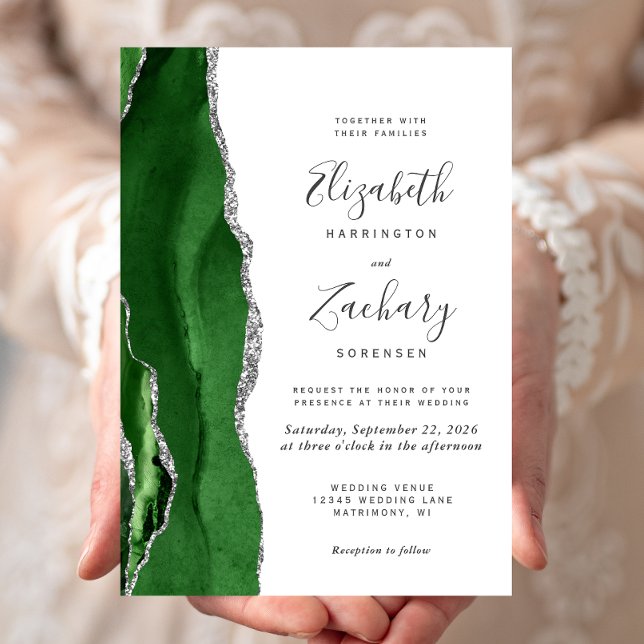 Invitation Mariage Vert Chasseur Agate Argent (Créateur téléchargé)