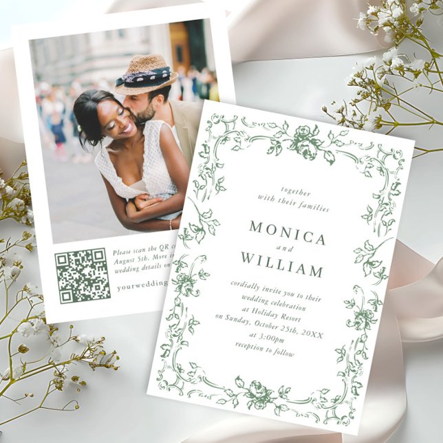 Invitation Mariage vert de la saison florale de la Renaissanc (Créateur téléchargé)