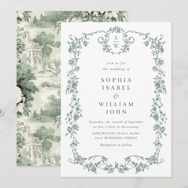 Invitation Mariage vert de l'âge orné victorien Grace Floral (Devant / Derrière)