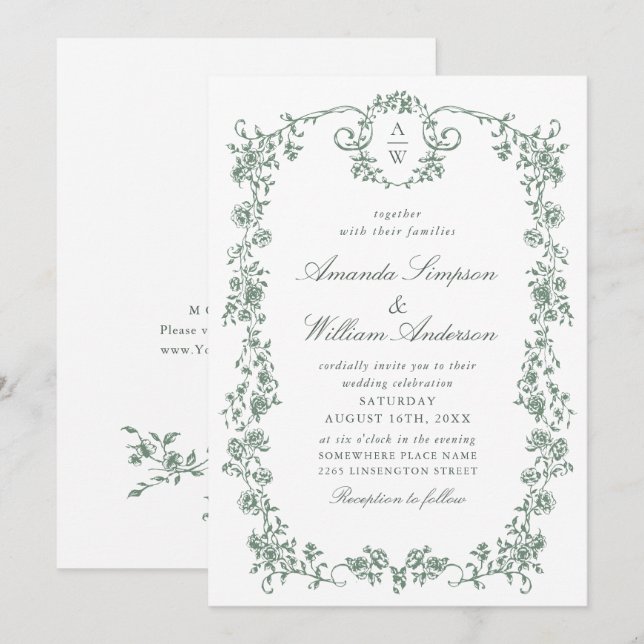 Invitation Mariage vert de l'âge orné victorien Grace Floral (Devant / Derrière)