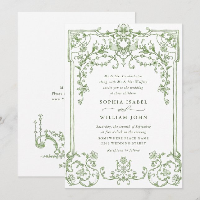 Invitation Mariage vert de l'âge orné victorien Grace Floral (Devant / Derrière)