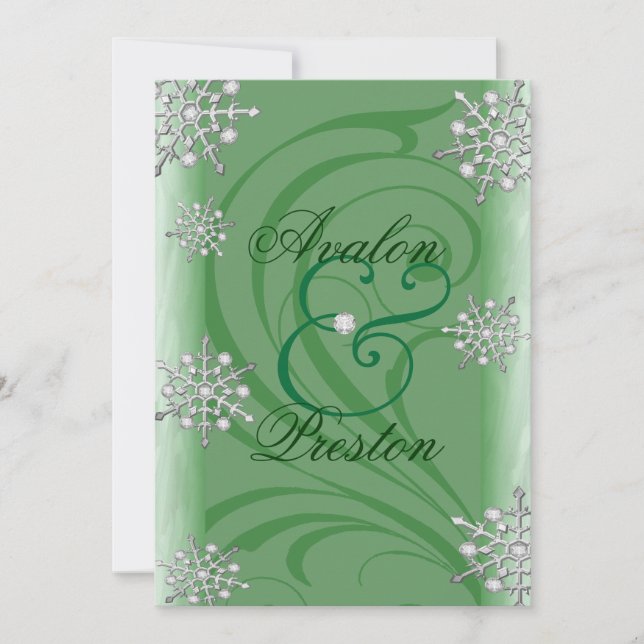 Invitation Mariage vert d'hiver sur le flocon des neiges (Devant)