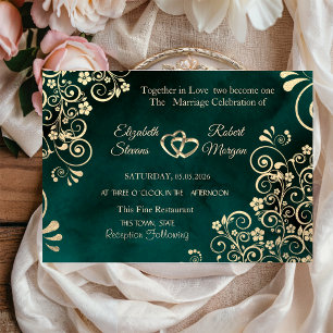 Invitation Mariage Vert Émeraude Tourbillons Dorés 