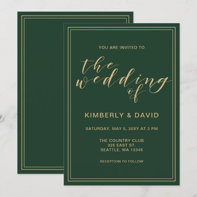Invitation Mariage vert et or (Devant / Derrière)