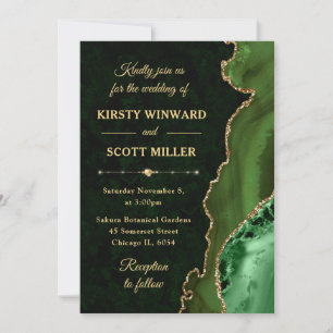 Invitation Mariage Vert et Or Paillettes Agate et marbre