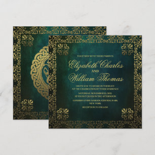 Invitation Mariage vert et or texturé traditionnel