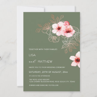 Invitation Mariage vert et rose pastel de cerisier