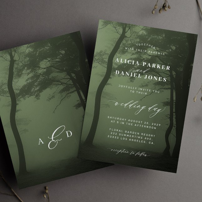 Invitation Mariage vert foncé dans l'arbre forestier enchanté (Créateur téléchargé)