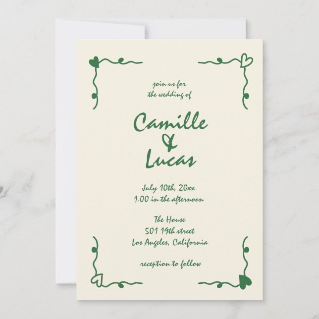 Invitation Mariage vert maquis rétro manuscrit (Devant)