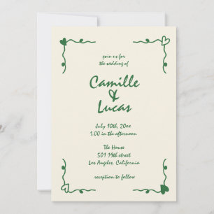 Invitation Mariage vert maquis rétro manuscrit