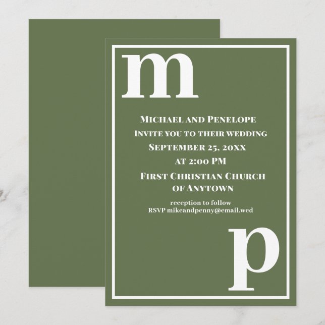 Invitation Mariage vert olive de Monogram mignon tendance (Devant / Derrière)