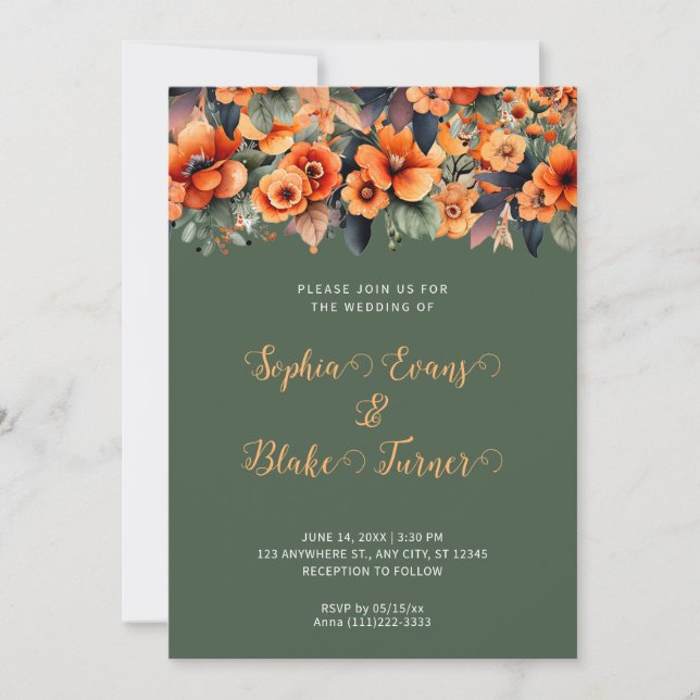 Invitation Mariage vert Orange Fleur sauvage Arrangement (Devant)