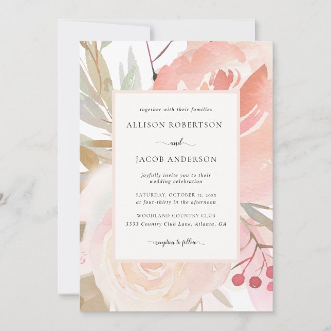 Invitation Mariage vert pâle rose crème pâle (Devant)