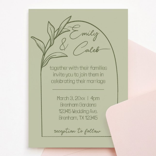 Invitation Mariage vert pour arche feuille moderne (wedding invitation sage green leaves arch cursive script. Calm, romantic, botanical leaf invite)