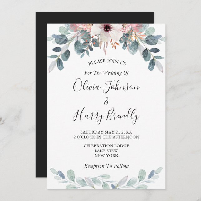Invitation Mariage vert rose noir floral Eucalyptus (Devant / Derrière)