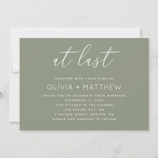 Invitation Mariage Vert Sauge + Code QR | Écriture Minimalist (Devant)