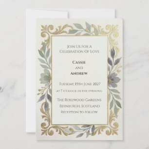 Invitation Mariage Vert Sauge Filigrane Doré